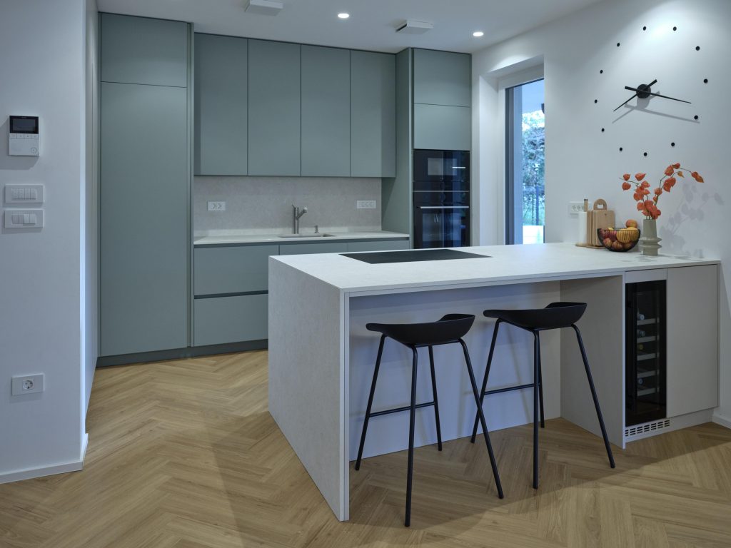 Moderna zelena kuhinja optimat antifinger material s tehničnim kamnom.